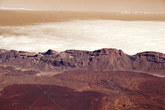 Panorama mountains in dusk clouds in red planet Mars