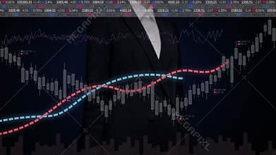 Businesswoman touching charts and Various animated Stock Market charts and graphs. increase market.