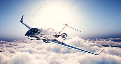 Photo of black luxury generic design private jet flying in blue sky. Huge white clouds and sun at background. Business
