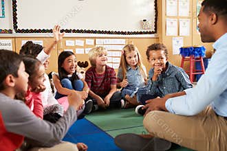 Elementary school kids and teacher sit cross legged on floor