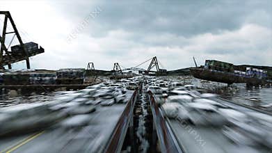 Apocalypse sea view. Destroyed bridge. Armageddon concept. Super realistic 4K animation.