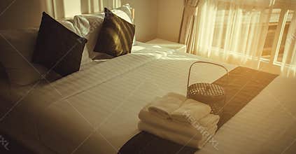 Bedding sheets and pillow in hotel room