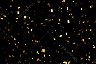 Falling gold glitter foil confetti, on black background, holiday and festive fun