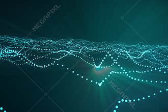 3d rendering abstract polygonal wave background with connecting dots and lines. Connection structure. Computer HUD. Flow