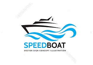 Abstract speed boat and blue sea waves - vector business logo template concept illustration. Ocean ship graphic creative sign.