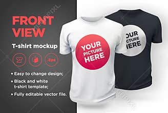 Men`s white and black t-shirt with short sleeve mockup. Front view
