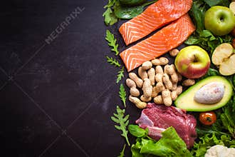 Fresh vegetables, fruits, fish, meat, nuts