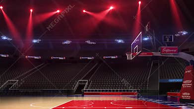 Basketball court without people fan. Sport arena. Ready to start championship. 3d render. Moving lights.