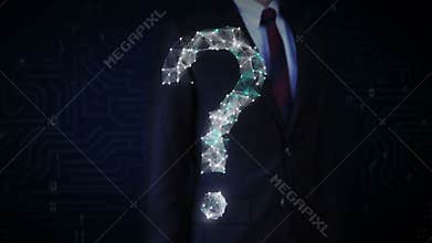 Businessman touching screen, Digital lines create question mark shape, digital concept.