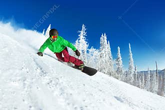 Active snowboarder snowboarding rides closeup