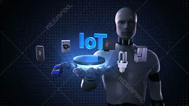 Robot, cyborg open palm, Iot technology connecting smart home devices, Internet of things concept. Artificial intelligence.