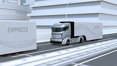 A fleet of autonomous trucks driving on highway