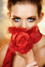 Woman with red silk rose