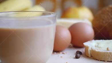 Slowmotion. Healthy breakfast on the table close