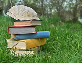 Pile of books on the grass