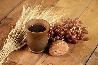 Communion Elements on Wooden Table