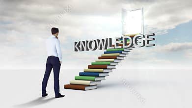Businessman looking at a word put on a stair made of books