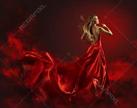 Woman in Red Dress, Lady Fantasy Gown Flying and Waving