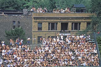 View of full bleachers, full of fans during a professional Baseball Game, Wrigley Field, Illinois