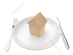 Wooden house of building blocks on the plate