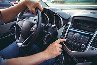 Car dashboard. Radio closeup