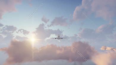 Passenger airplane taking off at sunset sky