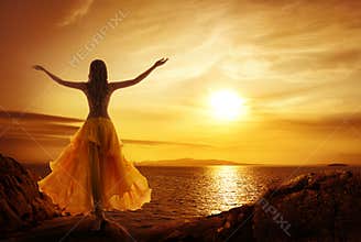 Calm Woman Meditating on Sunset, Relax in Open Arms Pose