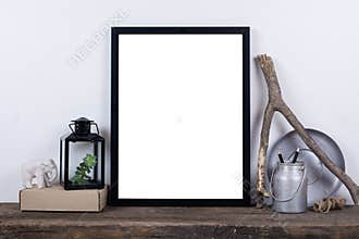 Scandinavian style empty photo frame mock up. Minimal home decor