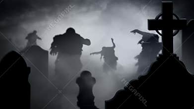Zombie Silhouettes in a Foggy Graveyard 4k Loop