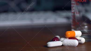 Close up of pills or caplets spinning on a table shot from above