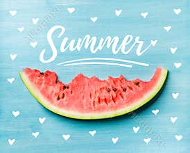 Summer concept illustration. Slice of watermelon on turquoise blue background, top view.