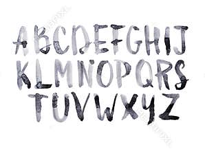 Watercolor aquarelle font type handwritten hand drawn doodle abc alphabet uppercase letters.