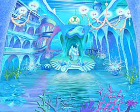 Mysterious and Fantasy Undersea World. Underwater Castle Interior.