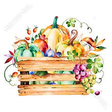 Autumn harvest basket with fall leaves,branches,berry