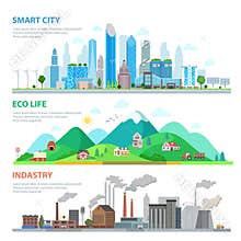 Flat Smart city Eco life Industry nature pollution