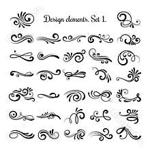 Swirly line curl patterns on white background. Vector flourish vintage embellishments for greeting cards