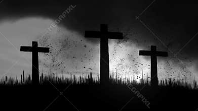3 Wooden Crosses Burning on a Dark Cloudy Sky Background