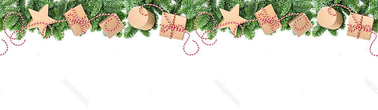Christmas decoration gift boxes Pine branches border banner