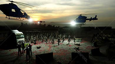 Horror zombie crowd walking. Apocalypse view, concept. Realistic 4K animation.