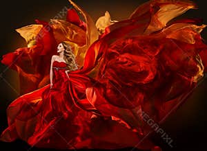 Woman Fashion Dress Flying Red Fabric, Girl Waving Silk Cloth