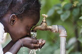 Clean Fresh Water Scarcity Symbol: Black Girl Drinking from Tap.