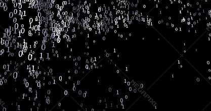 4K 3D Illustrated moving background of swirling smoke like chrome binary numbers over black.