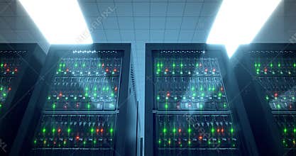 Servers racks. Modern datacenter. Cloud computing. 8k UHD