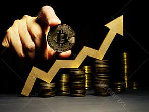 Growth up of Bitcoin btc price. Arrow and coin. Crypto trading