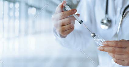 Medicine doctor and vaccine dose flu shot drug syringe in lab