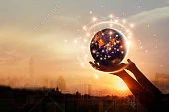 Abstract science, hands touching earth and circle global network