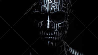 Creepy human like creature with weird lines on his body and white eyes