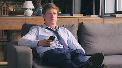 Portrait caucasian adult guy leisure in flat.