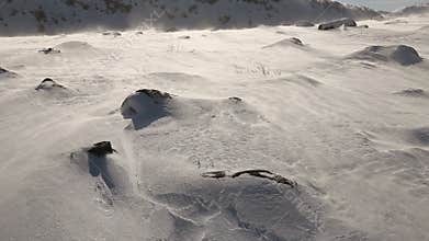 Snow blizzard on the mountainside. Arctic landscape