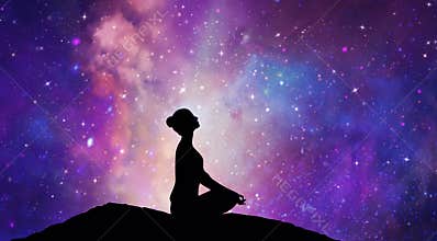 Mountain girl silhouette, meditation under stars